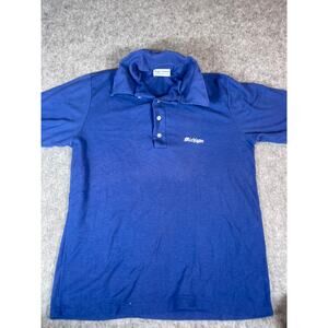 VINTAGE 80s Michigan Logo Seven Shirt Mens Small Blue Polo Short Sleeve Preppy